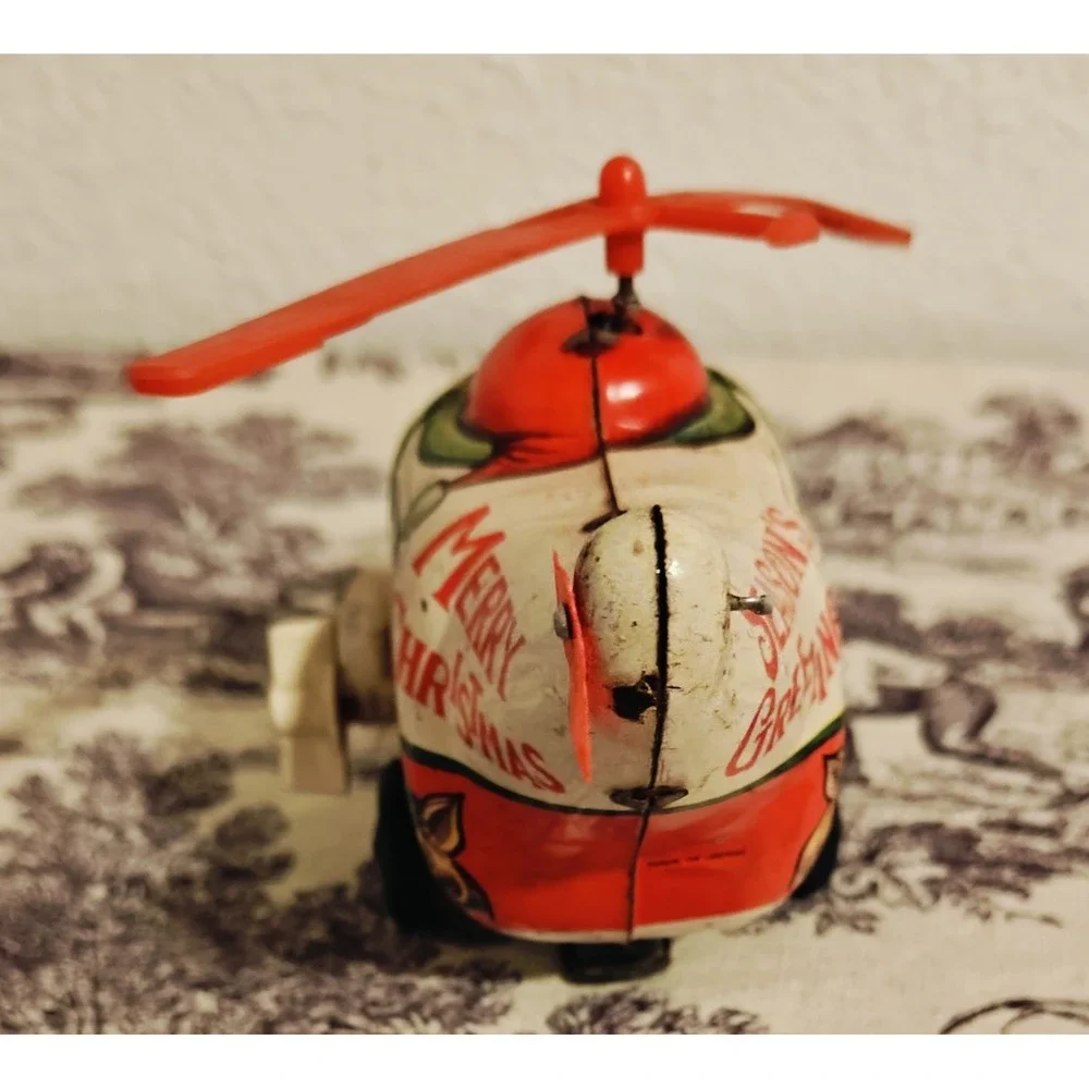 Vintage Yuletide Wind Up Santa Reindeer Christmas Copter Tin Toy Japan